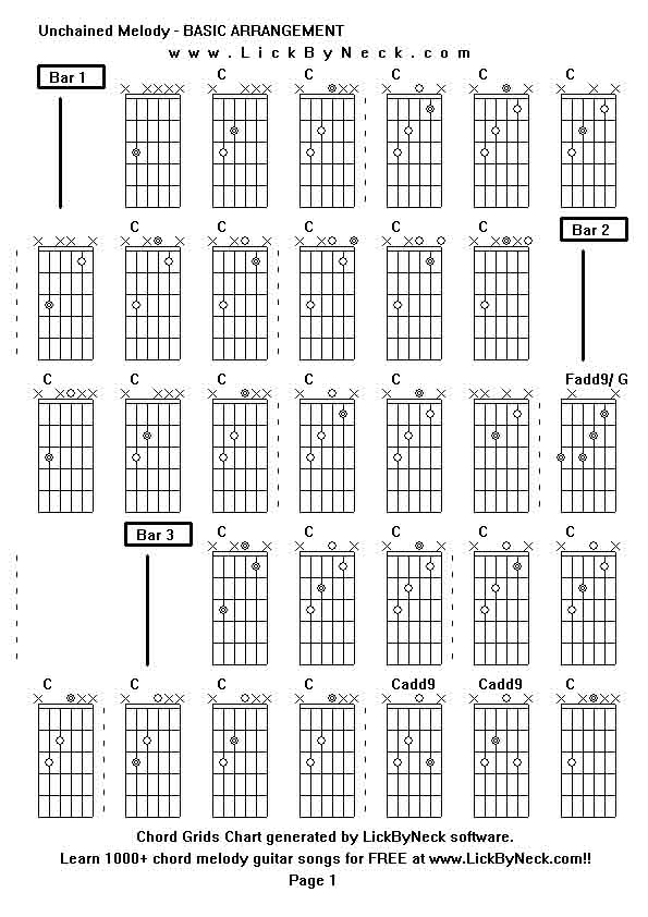 Chord Grids Chart of chord melody fingerstyle guitar song-Unchained Melody - BASIC ARRANGEMENT,generated by LickByNeck software.